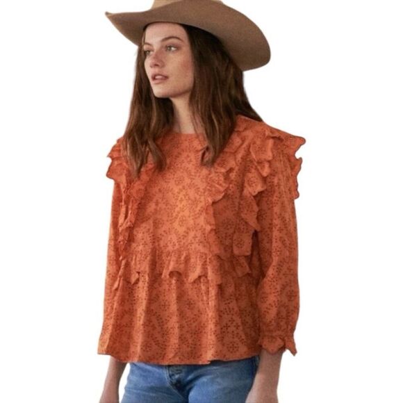 The GREAT. Eyelet Ruffle Flutter 3/4 Sleeve Top  Spice Orange Size 2 M Peasant - Picture 2 of 15